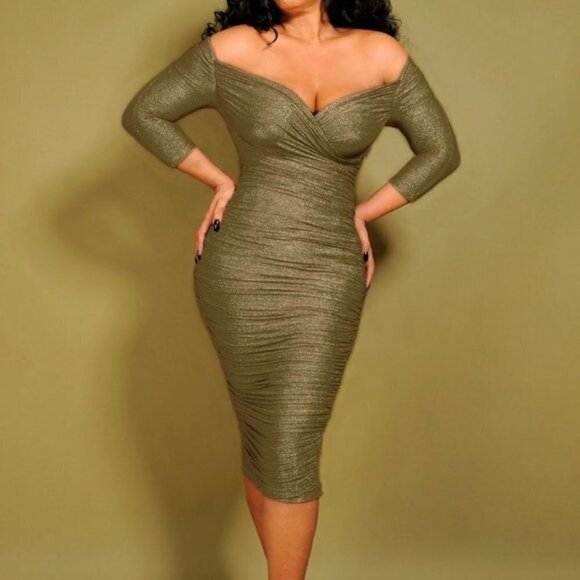 Laura Byrnes California Monica Pinup Ruched Wiggle Dress Gold Olive S - Picture 1 of 14